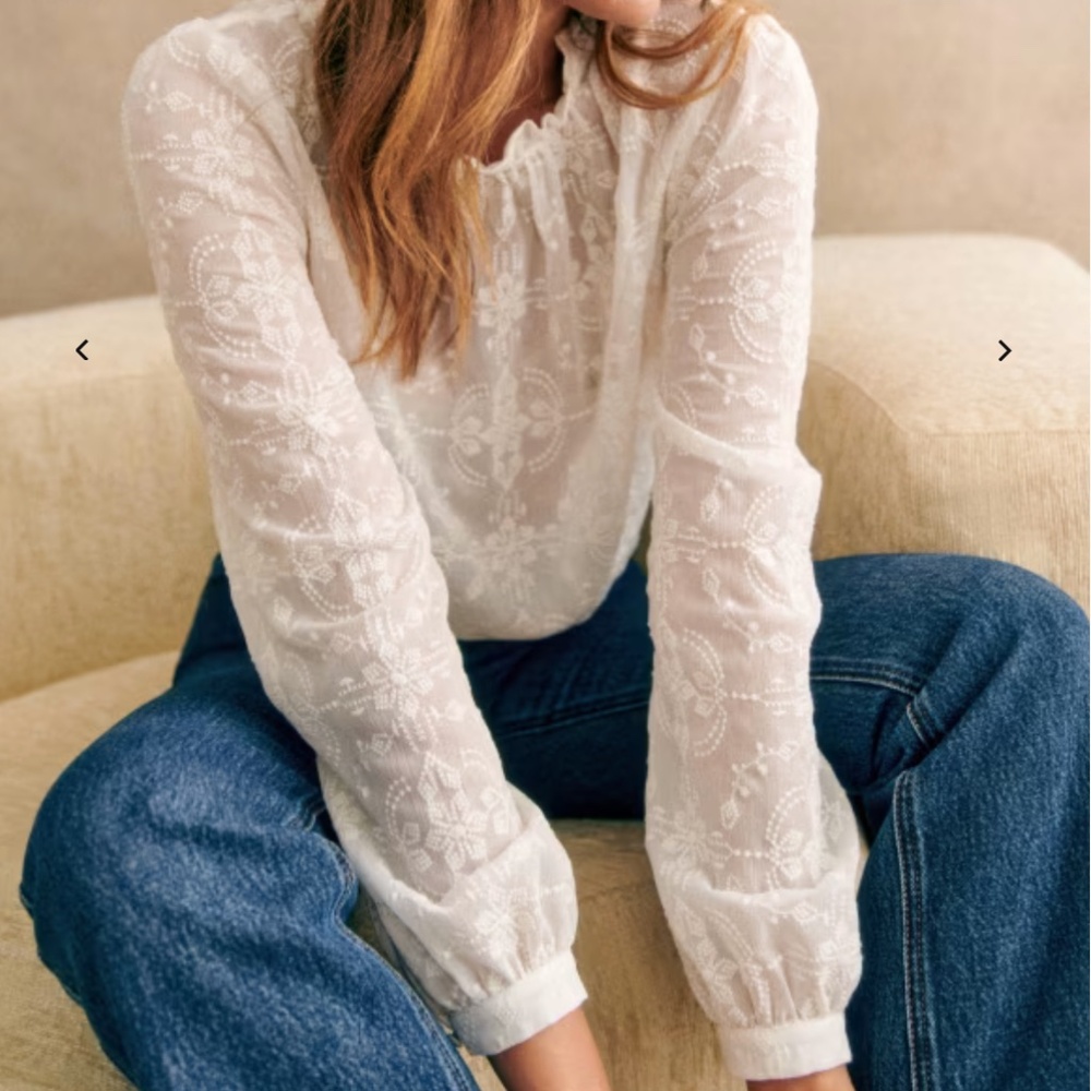 Sézane White Sheer Embroidered Long-Sleeve Blouse